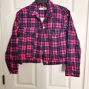Pink and Navy Plaid Denim Jacket